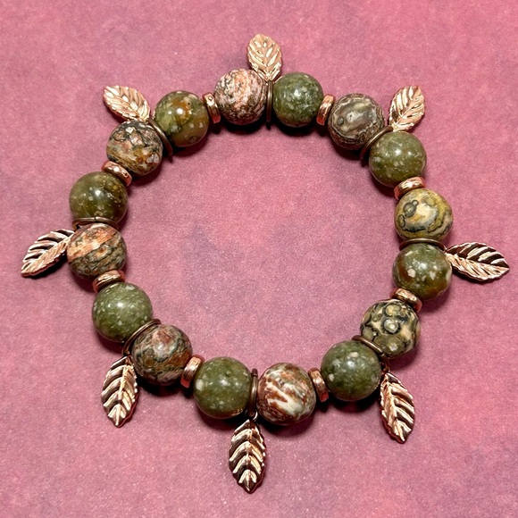 Handmade Fall Leaf Charm Bracelet Featuring Natural Unakite Gemstones! - Picture 4 of 5